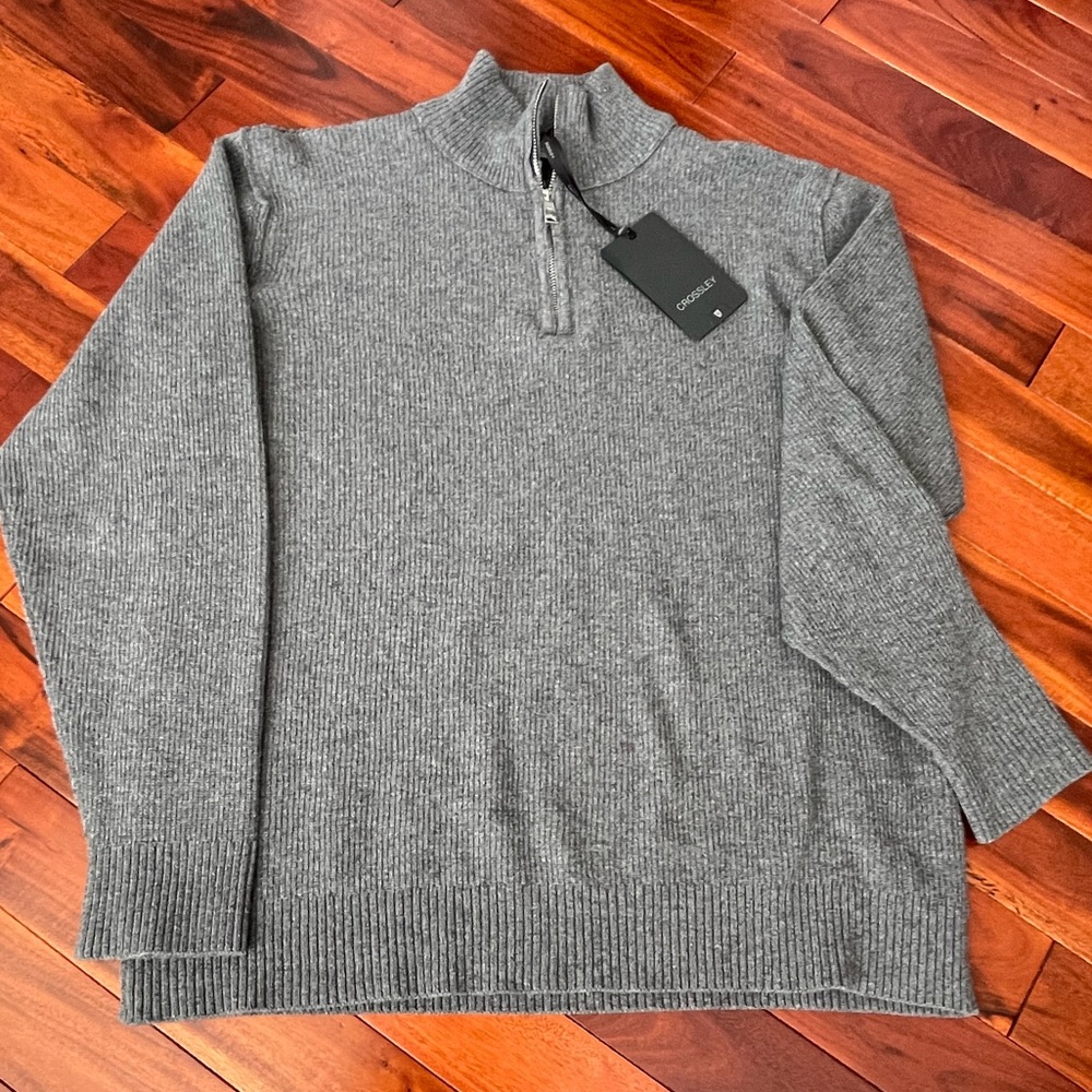 CROSSLEY Size Large Cashmere and Wool 1/4 Zip Gray Sweater NWT